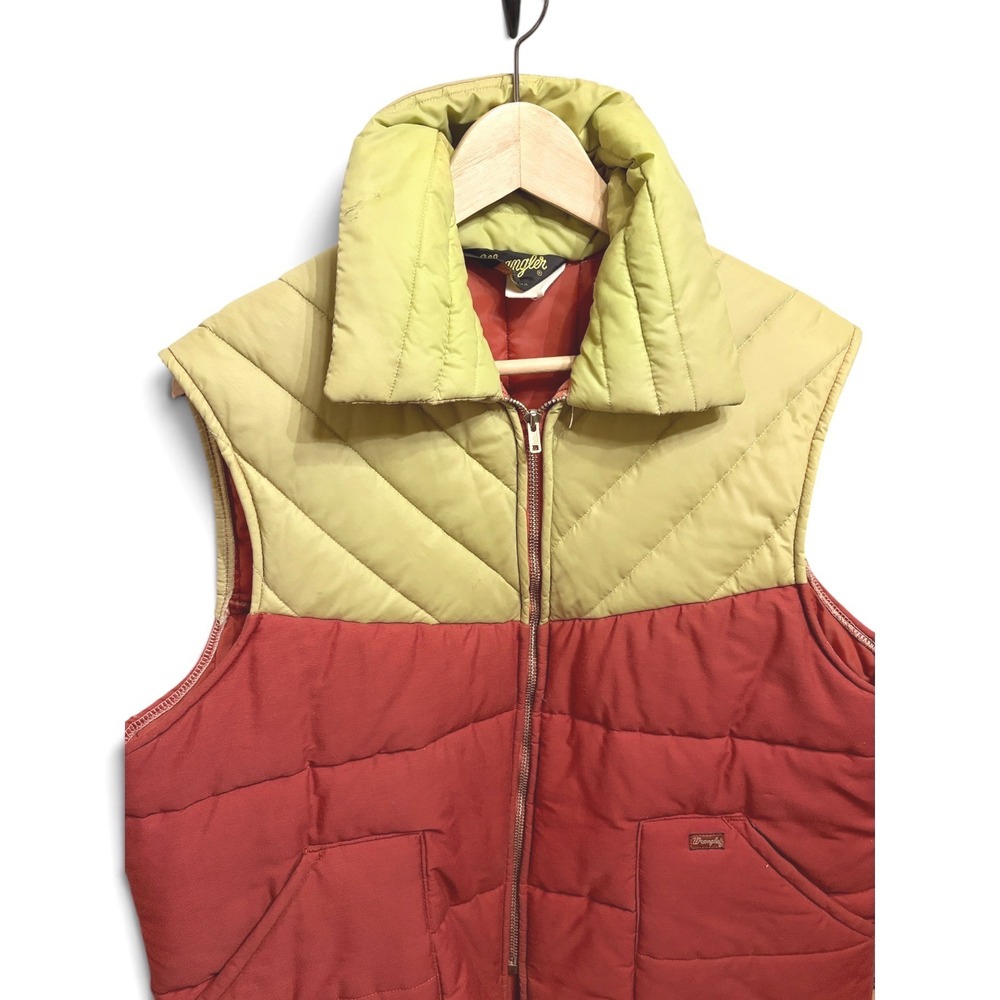 Vtg 70s Wrangler Puffer Vest Mens Large Western Chevron Two Tone Red Yellow USA